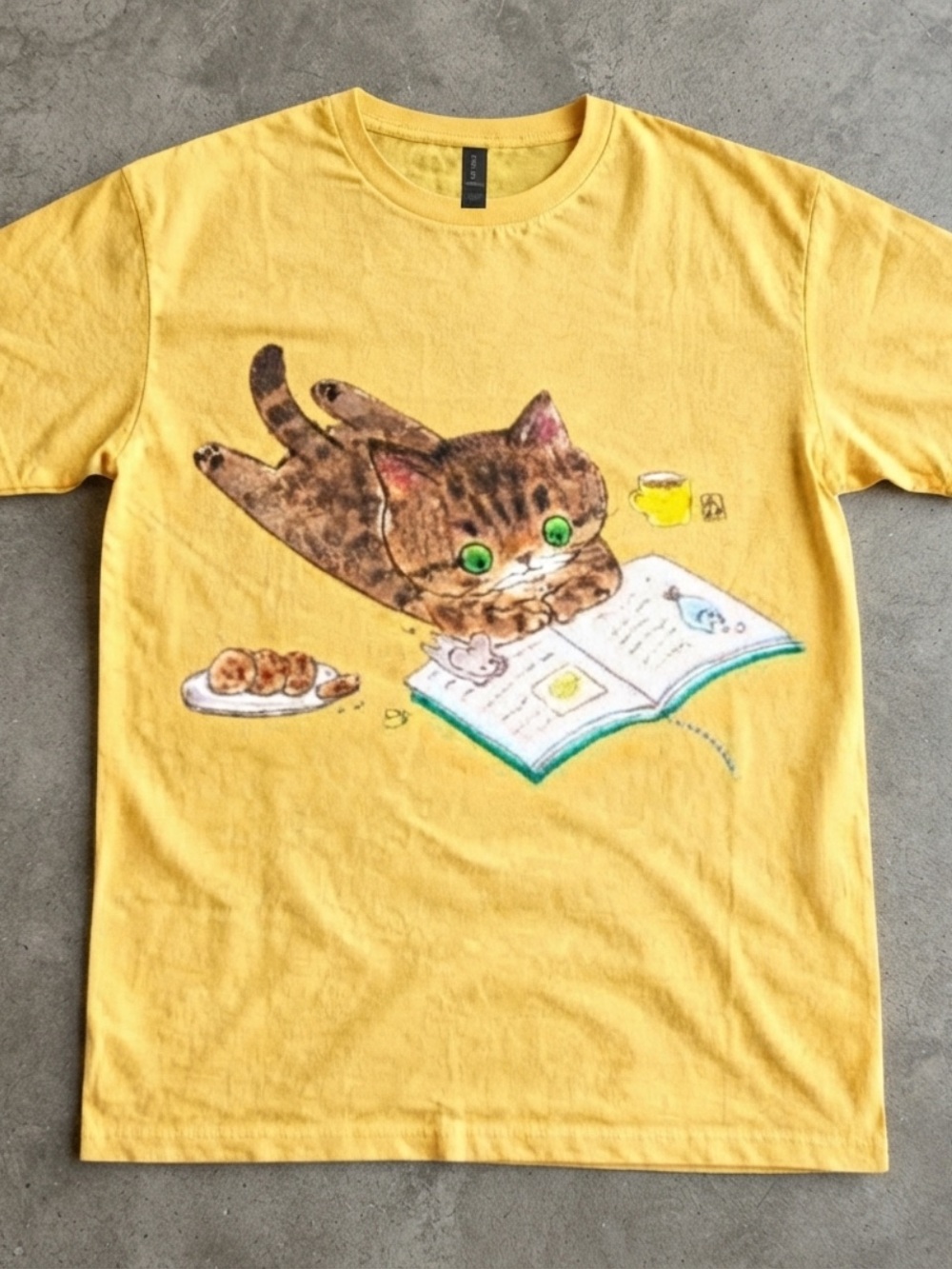 Gildan Yellow Tee with Cute Brown Tabby Cat Reading Graphic